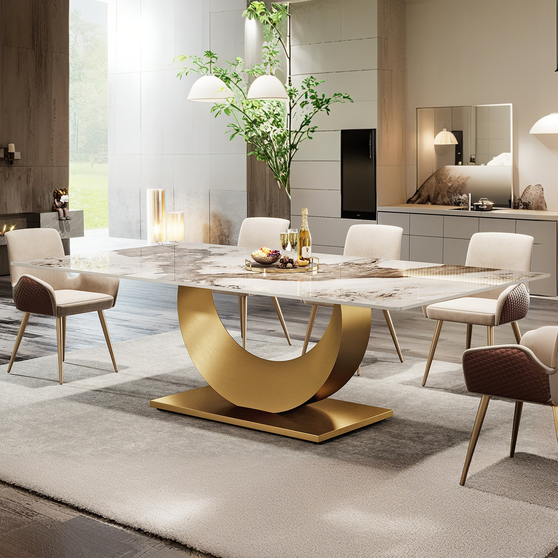 Mercer41 78.7" Sintered Stone Dining Table with Stainless Steel Base ...