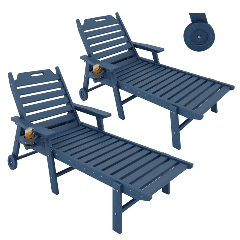 Banc de jardin en PEHD résistant aux intempéries - Texture en bois, dossier inclinable à 5 positions, inclinable, idéal pour la piscine, le jardin ou la cour, bleu marine, ensemble de 2