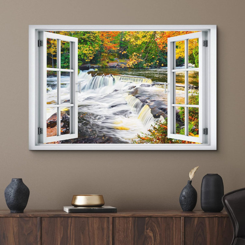 Automne, automne, «fenêtre, vue, automne rustique, forêt, rivière, rapides, images naturelles, paysage», H 16 po x l 24 po