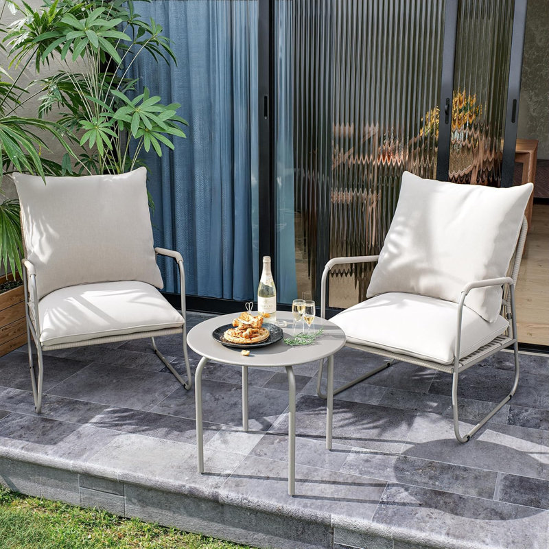 3-Piece Garden Conversation Set,Breathable Woven PE Rattan Chairs with Washable Cushions & Round Metal Coffee Table, Beige