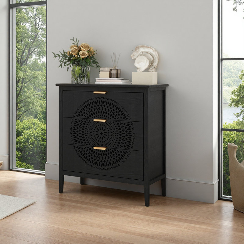 Commode 3 tiroirs avec commode à 3 tiroirs creux et poignées en métal pour le salon de la chambre à coucher, Noir