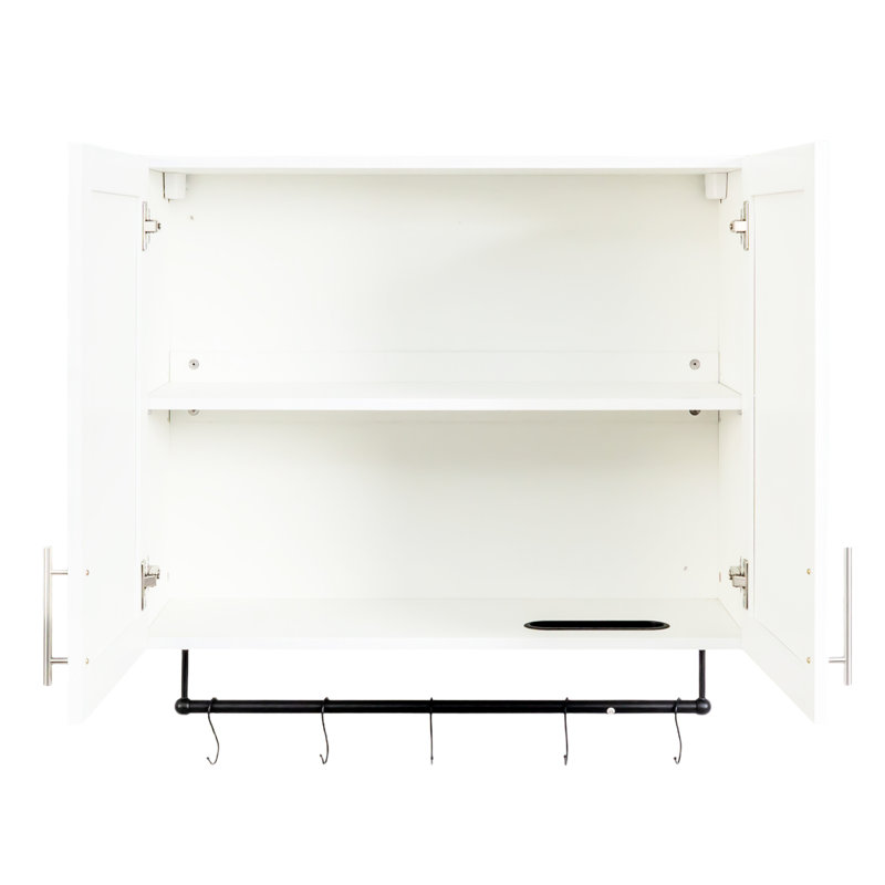 Armoire murale blanche pour salle de bain avec tablette réglable, barre à serviettes, 5 crochets - panneau de particules de 15 mm, pour l'organisation de la cuisine, rangement au-dessus de la toilette 31,68 x 11,79 x 30 po, armoire, blanc, crochets, tableau,