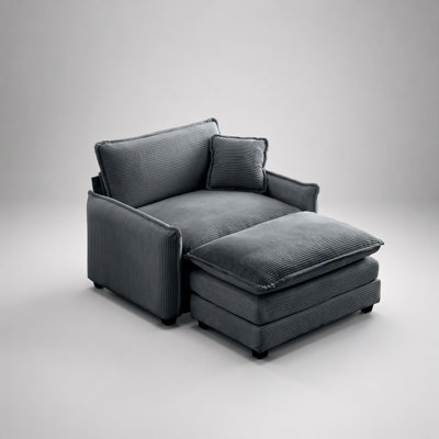 Single Deep Seat Sofa with Footstool and Pillow, Grey Corduroy, Ideal for Living Room and Bedroom Comfort