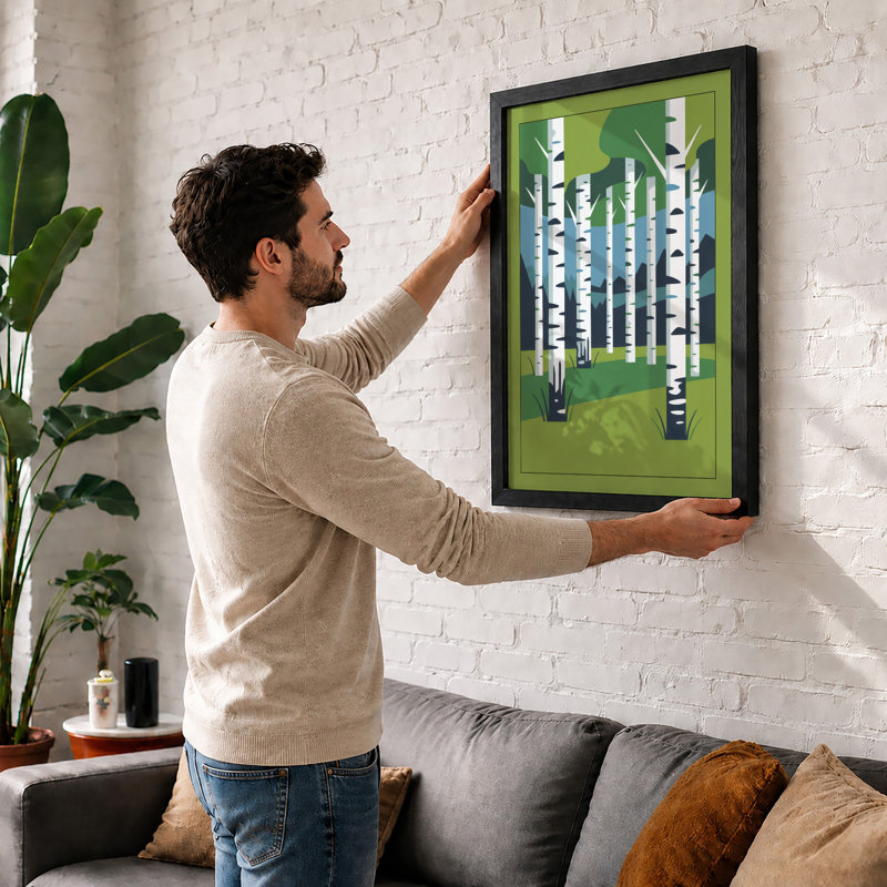 Birch Forest Mid-Century - Framed Print, A3 - 42.0 x 29.7 cm, Walnut