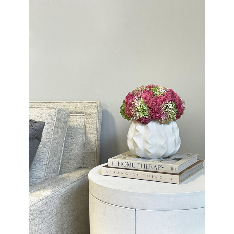 Sedum and Snowball Hydrangea Arranged in a Wavy Glass Vase