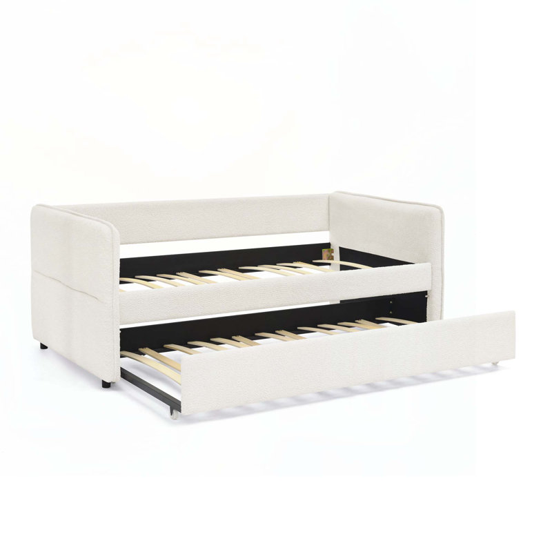 Daybed With Trundle, Upholstered Sofa Bed, Modern Bed Frame, Twin, Beige