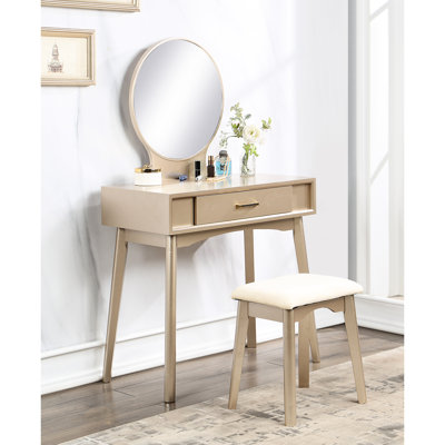 Coiffeuse contemporaine dorée avec tabouret - Structure en bois et miroir rond pour bureau, style moderne