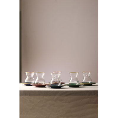Elegant Tea Glass Set (12 Pieces), 4 oz, 6 Transparent & Gold & Dark Blue & Burgundy & Green Glasses with 4.7 x 4.7 x 3.3 in Saucers | 100% Glass, Hand Wash Recommended for Durability | Perfect for Tea Parties & Entertaining