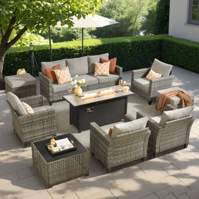 Ensemble de chaises d'extérieur en rotin avec 8 chaises, table basse avec éclairage et table de cuisson deux en un