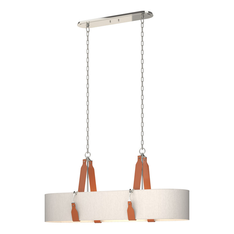 Saratoga 4 - Light Kitchen Island Linear Pendant, Flax Shade, Chestnut Leather, Polished Nickel