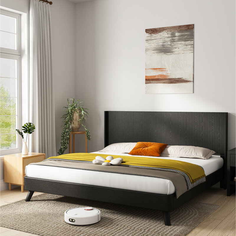 Queen Size Wood Headboard, 64.4" Wide Black Oak, Modern Wall - Mounted Fluted Wingback Design Framework, Elegant Real Makeup, Contemporary 3D Molded Facade, And Effortless Assembly Job Oak Sized