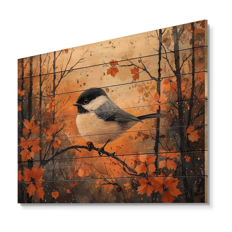 Mésange, oiseau dans les pins d'automne I - Art mural en bois oiseau - sur bois de pin naturel, H 24 po x l 32 po x P 0,78 po