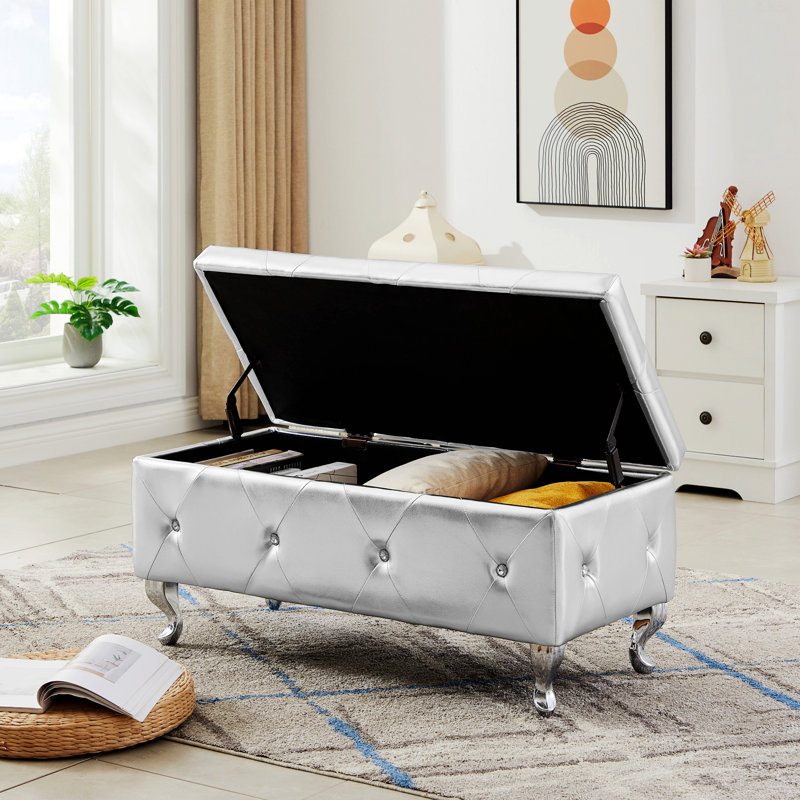 Silver PU Upholstered Storage Bench with Padded Seat