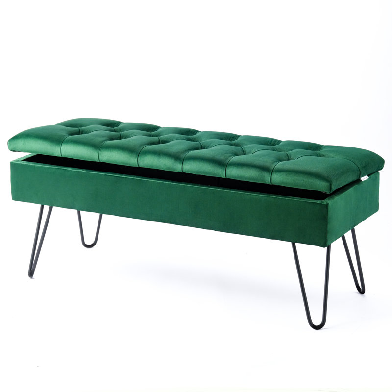 Dunfee Velvet Upholstered Storage Bench, Green, H44 x W100 x D30cm