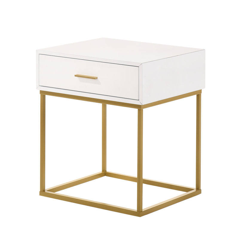 Catalina Mid-Century Modern White Rubberwood 1-Drawer Nightstand with Gold Legs