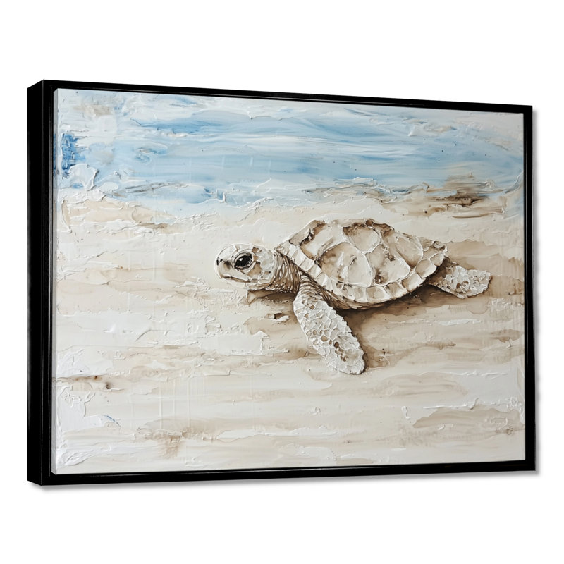 Minimal Turtle By The Beach - Tortue, art mural, Floater Framed Print without Mat, Black, 24" H x 32" W