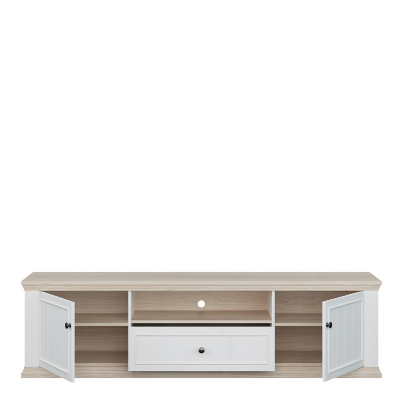 Pontypool Wide TV Unit with 2 Doors, Drawer & Open Shelf, White/Riva Oak