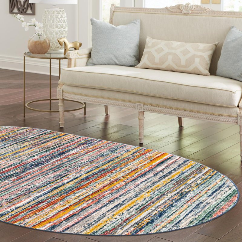 Tapis rayé jaune / bleu / rouge / bleu marine Hulsey, Ovale 5 pi 3 po x 8 pi