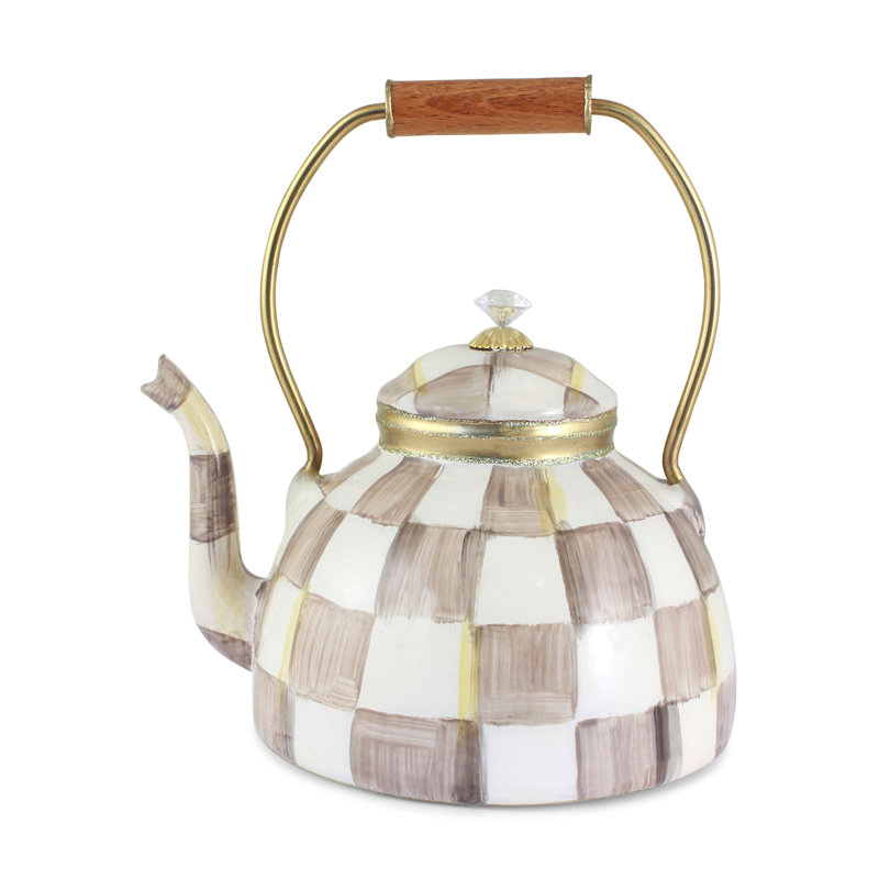 Mocha Check Tea Kettle Glass Ornament