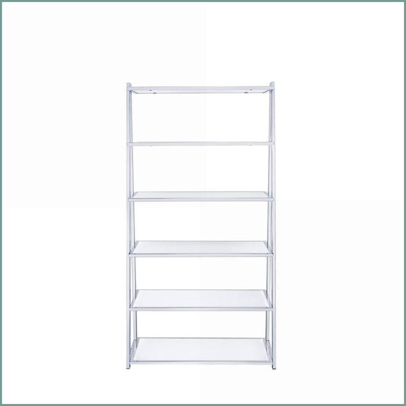Bibliothèque moderne blanche ultra brillante avec 6 tablettes fixes | Cadre en métal chromé | Bois synthétique
