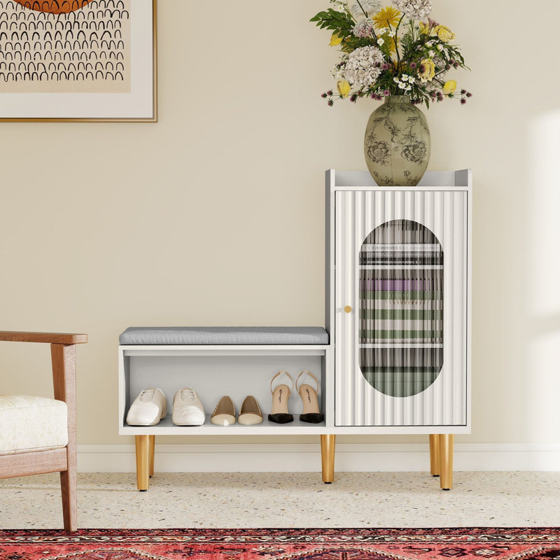 48" L-shaped Shoe Storage Bench – Padded Seat, Glass Door & Shelf, Modern Organizer For Entryway/hallway/bedroom, White