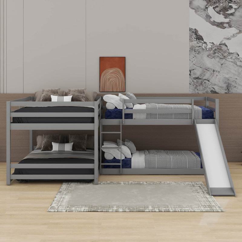 Full And Twin Size L-Shaped Bunk Bed With Slide And Short Ladder, Grey