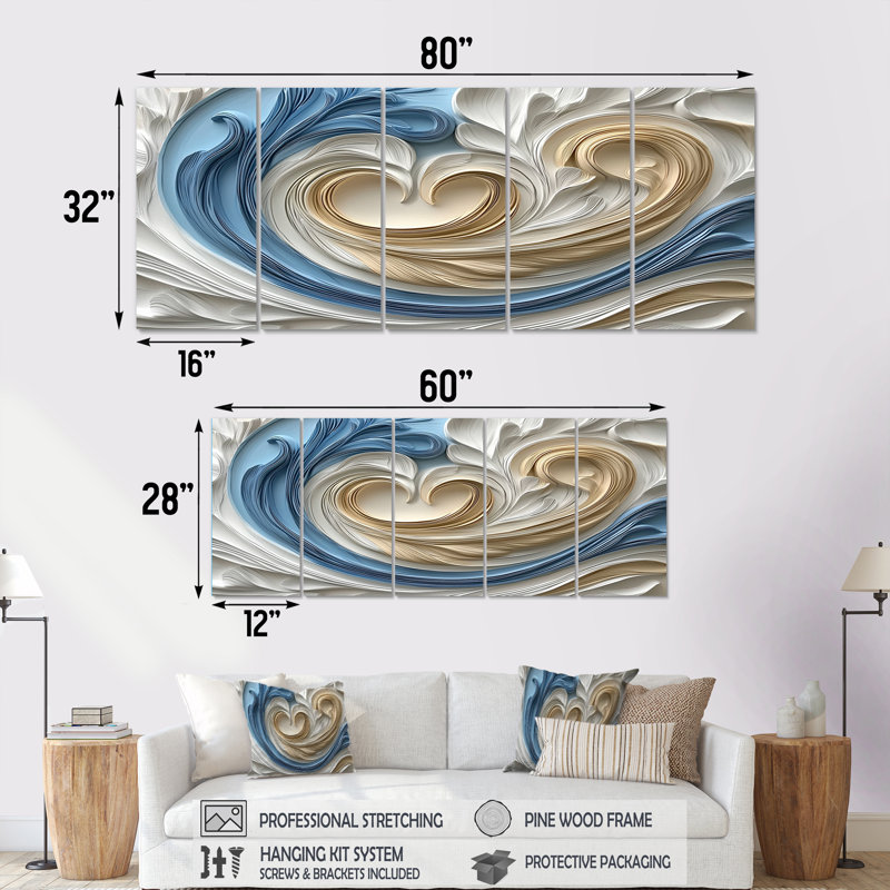 «White Spiraling Hearts Accents With Blue I», ensemble d'art sur toile à spirales abstraites, H 32 po x l 80 po