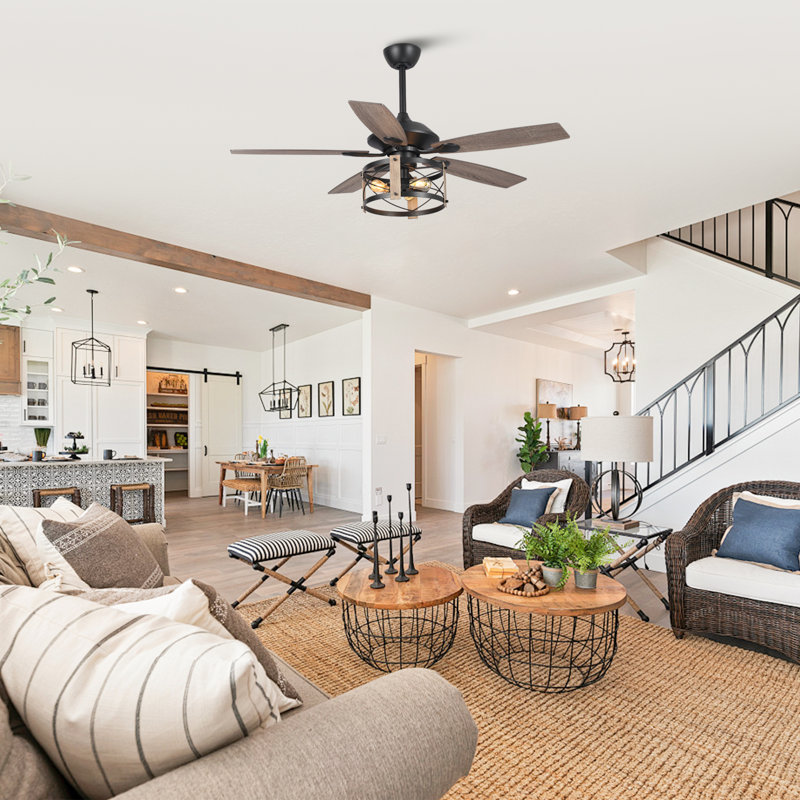Limones 52'' Industrial Farmhouse Ceiling Fan with Cage Light Kit 5 Wood Blades Remote Control
