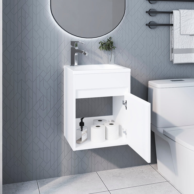 Meuble-lavabo mural mural blanc avec lavabo et 1 porte, finition simple esthétique flottante intégrée, Blanc