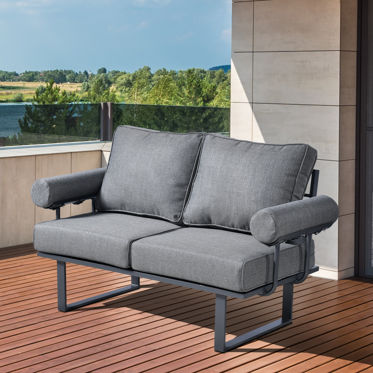 Ebern Designs Sices 55.51'' Wide Outdoor Loveseat with Cushions | Wayfair