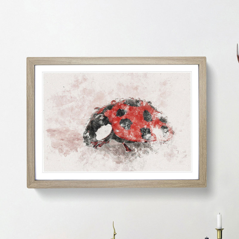 Red Ladybird Insect on a Pink Petal - Picture Frame Painting Print, 24cm H x 33cm W x 2cm D, Oak Framed