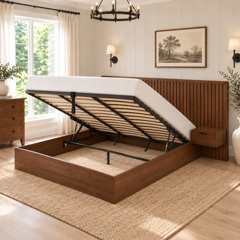 Lit plateforme de rangement moderne en bois avec système de levage hydraulique, tête de lit à rainures verticales et tables de chevet intégrées, format King, noyer antique