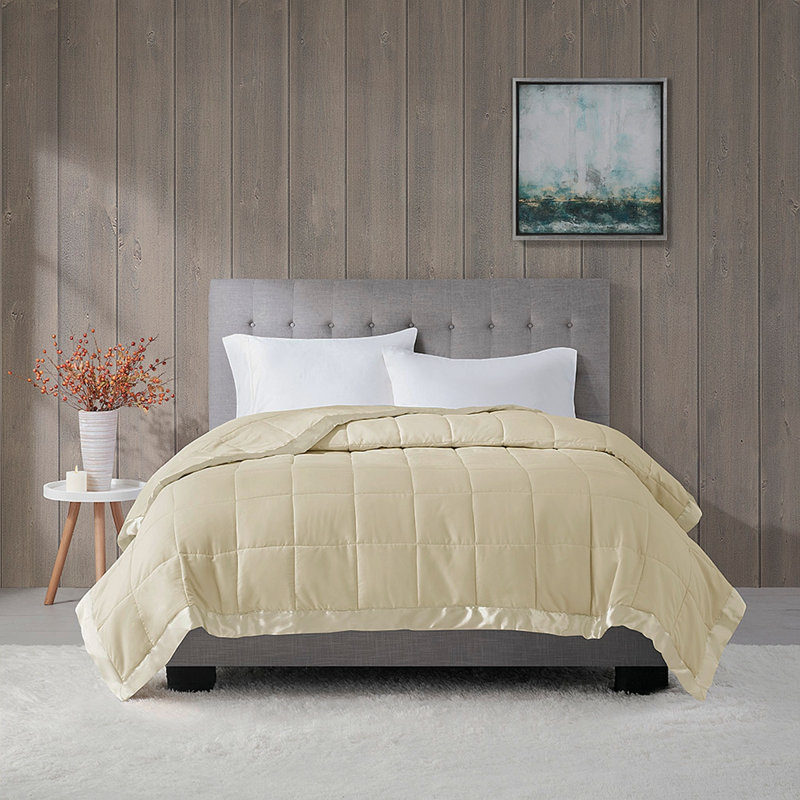 Couverture légère en duvet synthétique avec bordure satinée crème simple, Lit simple, Crème
