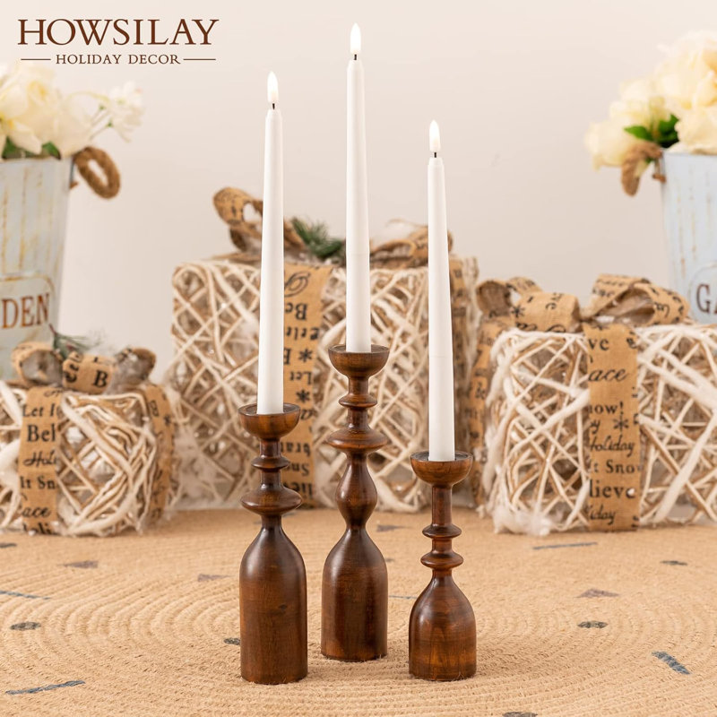 Rustic Brown Wood Tabletop Candlestick Holders Set