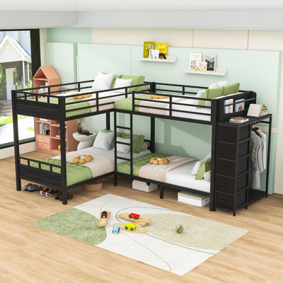 Lit superposé simple au-dessus de simple à 5 tiroirs avec garde-robe intégré et tablettes ouvertes