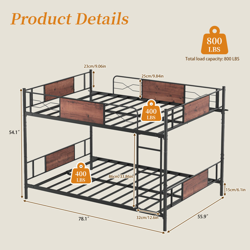 Lit superposé double au-dessus d'un lit double, structure en métal détachable, lits superposés convertibles 2 en 1 avec garde-corps de 10 po et échelle - capacité de 400 lb par lit, aucun sommier nécessaire