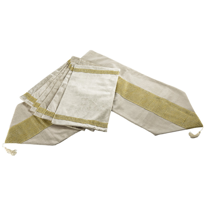 7pc Velvet Runner Set Double Diamante, Off White/Gold