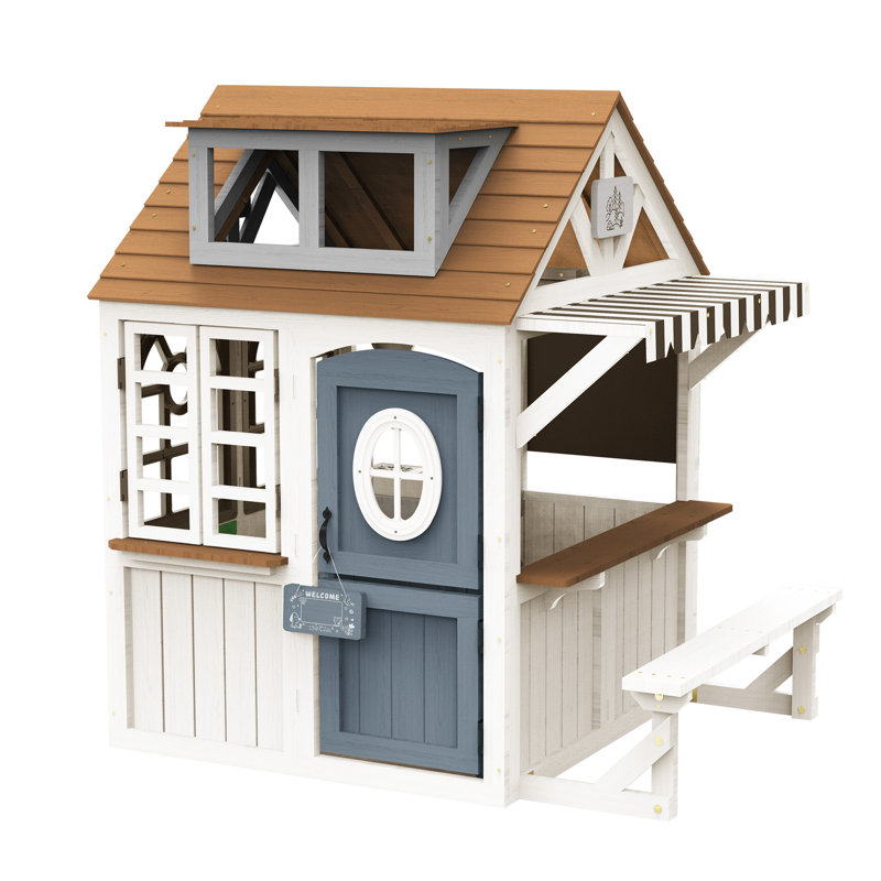  Maisonnette modulaire à 3 portes avec ensemble de cuisine en bois durable et toit imperméable, maisonnette pour enfants de 3 à 8 ans