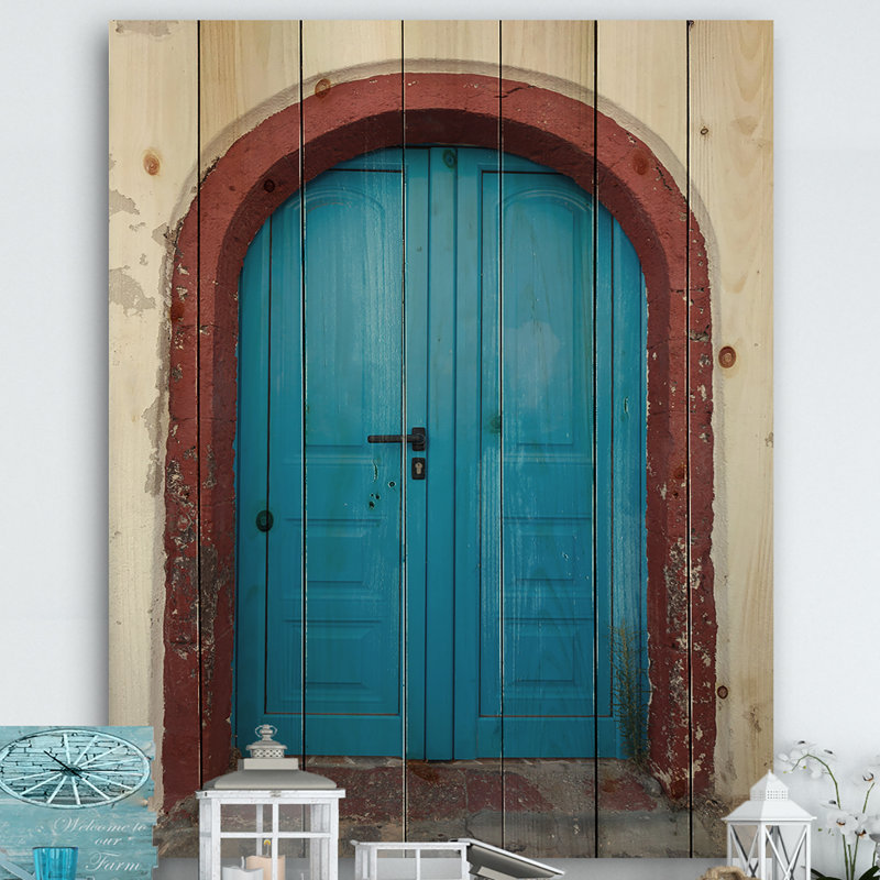 Vieille porte traditionnelle à Oia, Santorini, Grèce - impression d'art graphique sur bois, H 20 po x l 12 po x P 1po
