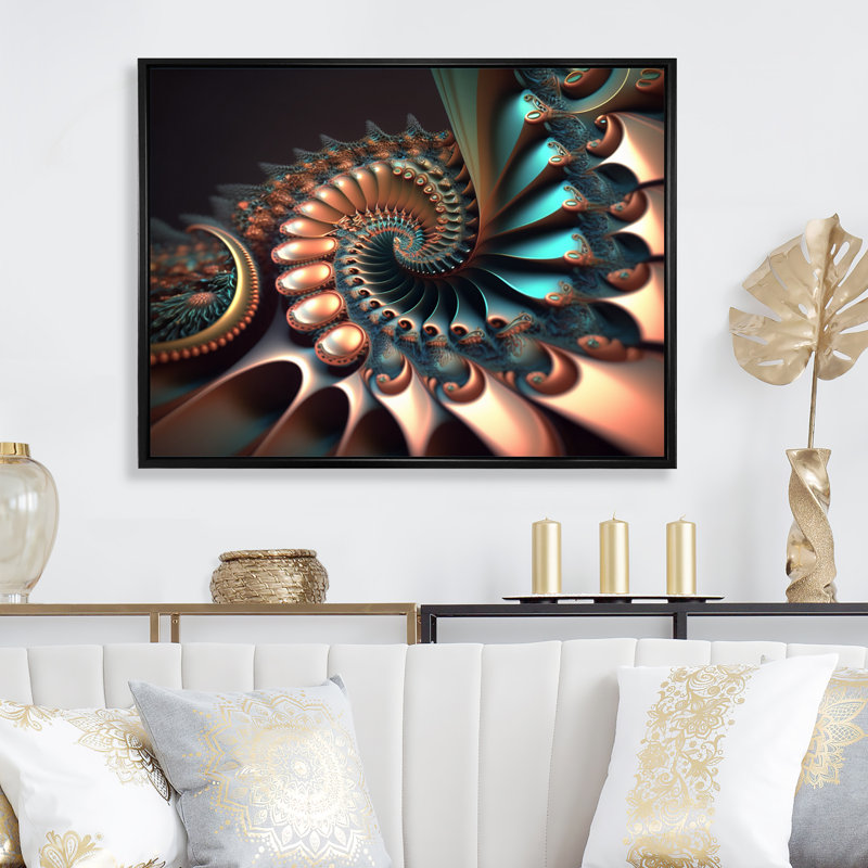 Fractal Wave en turquoise et or II - reproduction sur toile, H 12 po x l 20 po x P 1 po, Cadre flottant noir