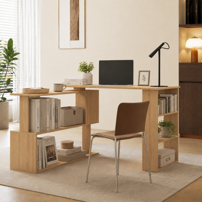 Bureau d'ordinateur pivotant à 360 degrés en forme de L avec tablettes de rangement - Bureau et poste de travail multifonctionnel en bois naturel