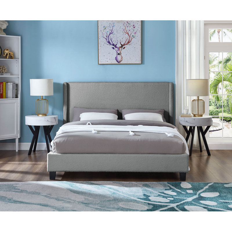 Lit plateforme tapissier avec tête de lit à oreilles Modern Bouclé, sans sommier tapissier, cadre de lit en tissu contemporain gris, très grand