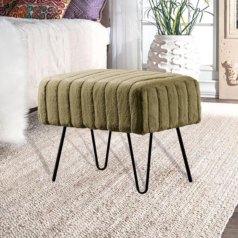 Defranco Upholstered Ottoman, Olive Faux Fur