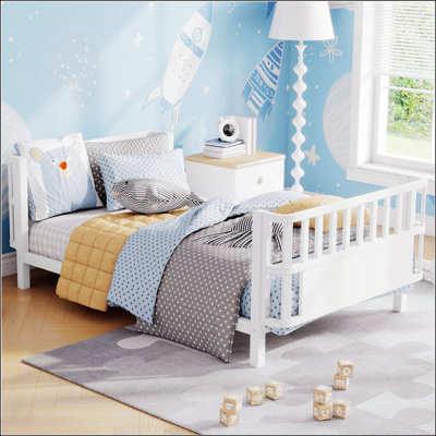 Twin Size Metal Platform Bed for Kids with Safety Rails, Low Profile Design, and Versatile Use for Boys and Girls, White
