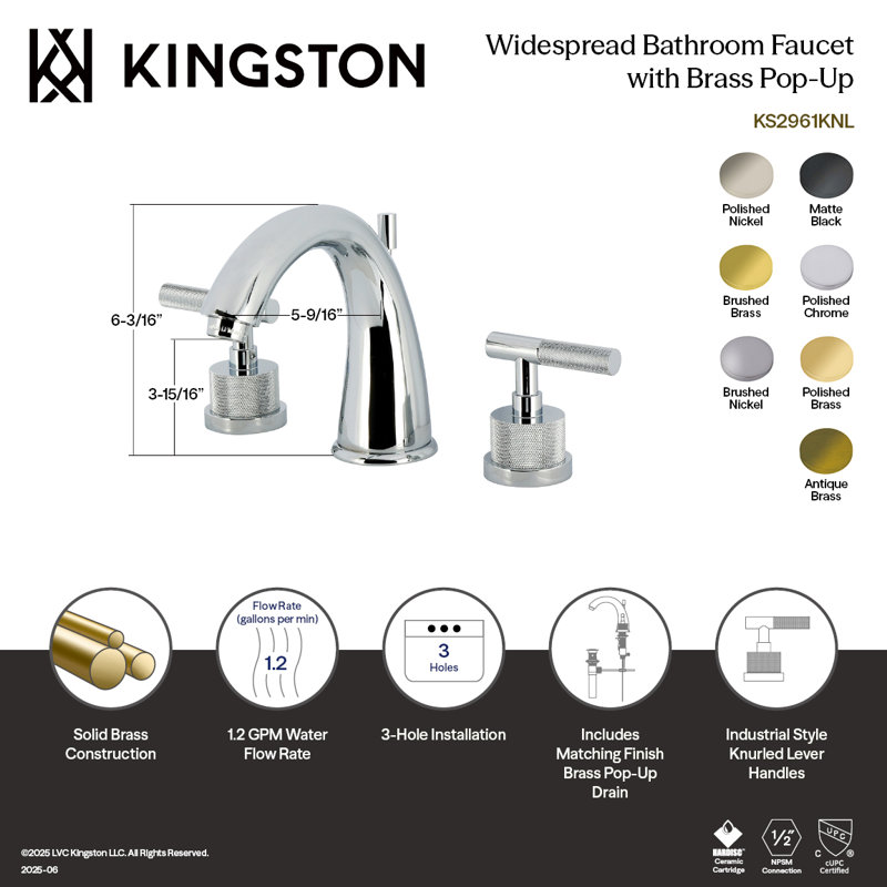 Kingston Brass Convergent Two-Handle 3-Hole Deck Mount Widespread Bathroom Faucet with Knurled Handle and Brass Pop-Up Drain