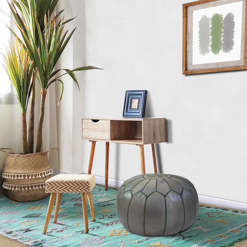 Burmaster Upholstered Pouf, Gray Green Genuine Leather