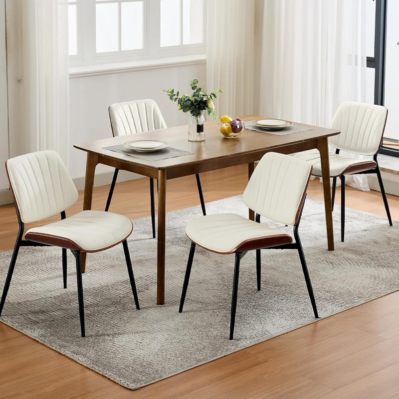 Ensemble de 4 chaises de salle à manger Mid-Century, cuir PU, dossier noyer, métal noir