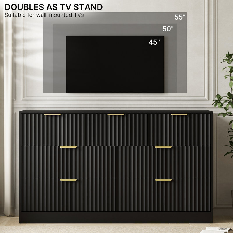 Black Fluted Dresser For Bedroom With 7 Drawers, 55" Wide Modern Chest Of Drawers With Metal Handle, Black