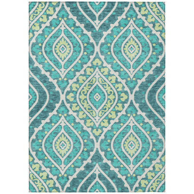 Tapis bleu sarcelle lavable extérieur floral 5 pi x 8 pi