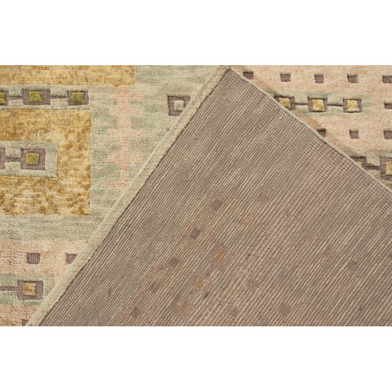 Rug & Kilim’S Scandinavian Style Rug In Green, Beige And Gold Geometric Pattern, Rectangle 5' x 7'